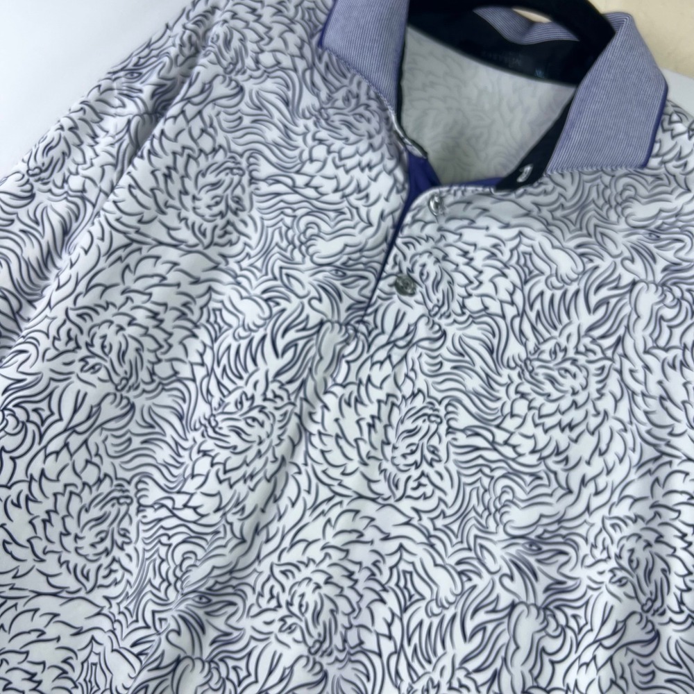 Greyson Polo Shirt Mens Golf Wolf Graphic Performance Stretch XL White Navy Blue